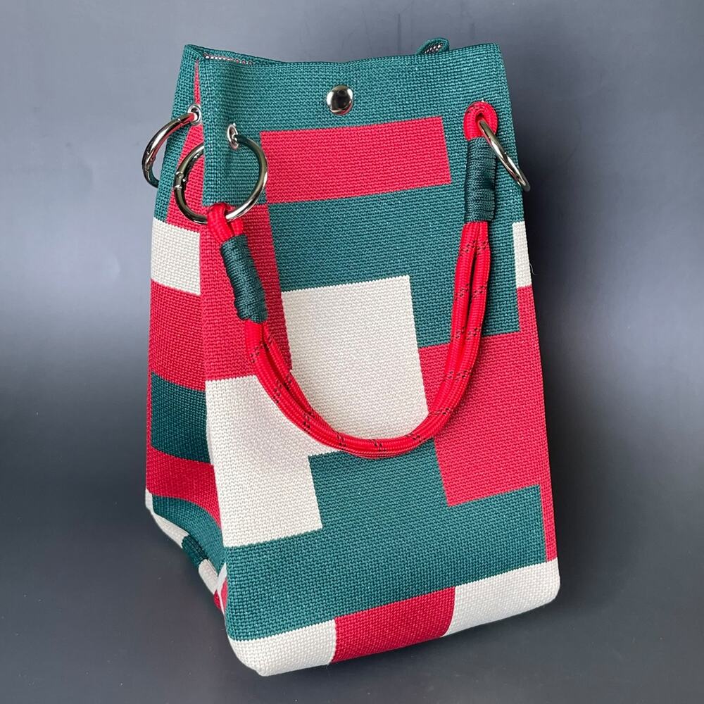 Unbranded Geometric Woven Bucket Tote Bag Green Red Cream Rope Handles